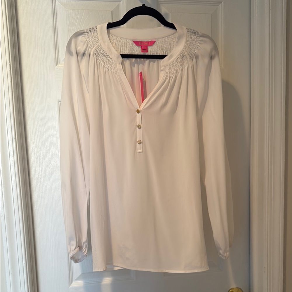 Women’s Lilly Pulitzer White 100% Silk Elsa Blouse Top- Large NWT - Picture 6 of 7